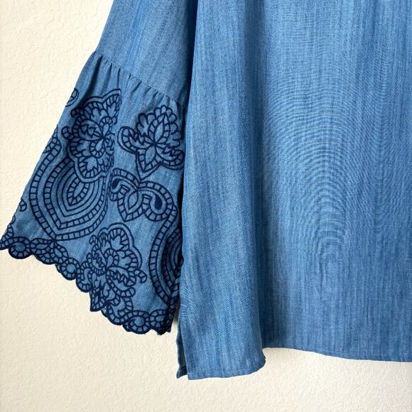 Soft Surroundings Chambray Embroidered Flare Bell Sleeve V-Neck Blouse Top - Picture 5 of 8